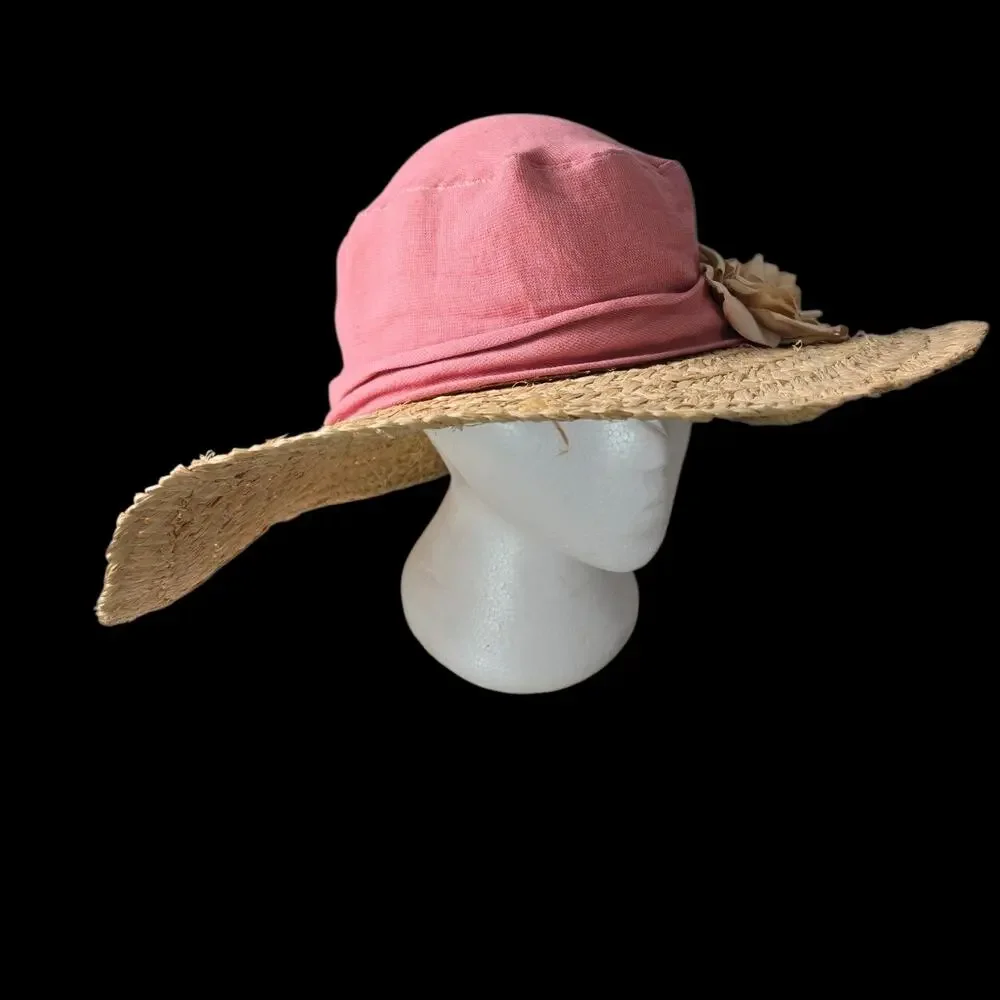 Vintage Hoodlums Ltd Floppy Sun Hat Pink Flowers Straw Brim Cottagecore One Size - Picture 7 of 16